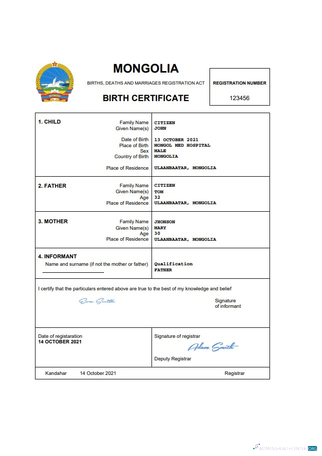 Download Mongolia birth certificate Word and PDF template Photoshop template
